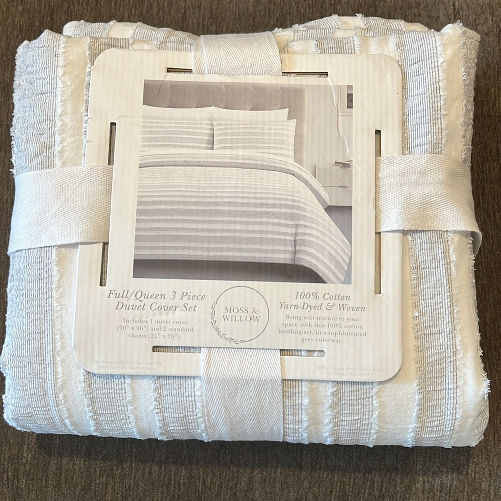 🆕 Moss & Willow 3-PC Textured Neutral Stripes Woven Cotton Duvet Cover Set F/Q